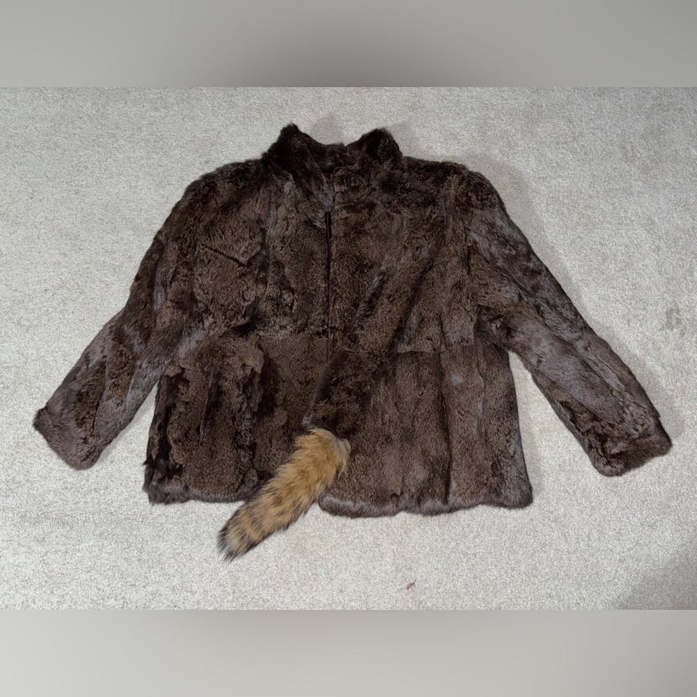 Vintage Chocolate Brown Rabbit Fur Coat With Fox Tail Scarf Made In Hong Kong